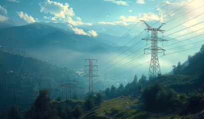 A towering high-voltage transmission lines snake their way across rugged mountain ranges, their steel towers rising majestically against the backdrop of craggy peaks and lush greenery.