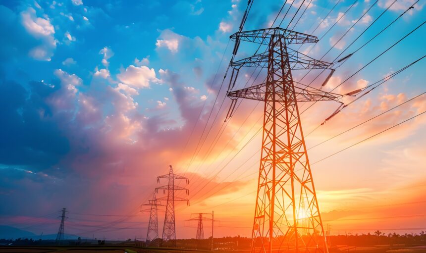 High voltage electric transmission tower. High voltage power lines on electric pylon against a sunset sky. Electrical infrastructure. Energy crisis. Electric power distribution. Energy distribution